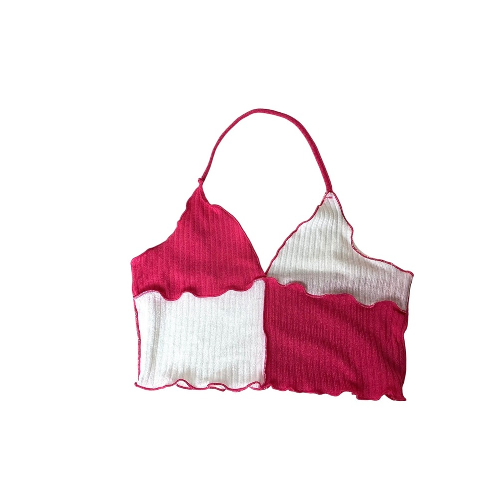 SHEIN Pink‎ & White Halter Top Ribbed Knit Cropped Sleeveless S